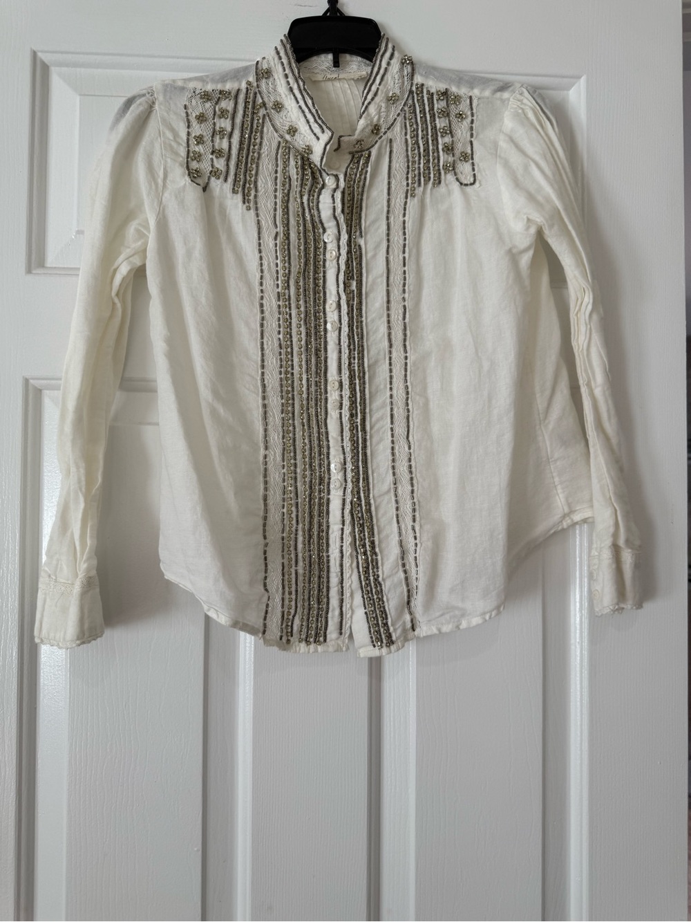 Anthropologie Ivory Embroidered Button-Front Blouse